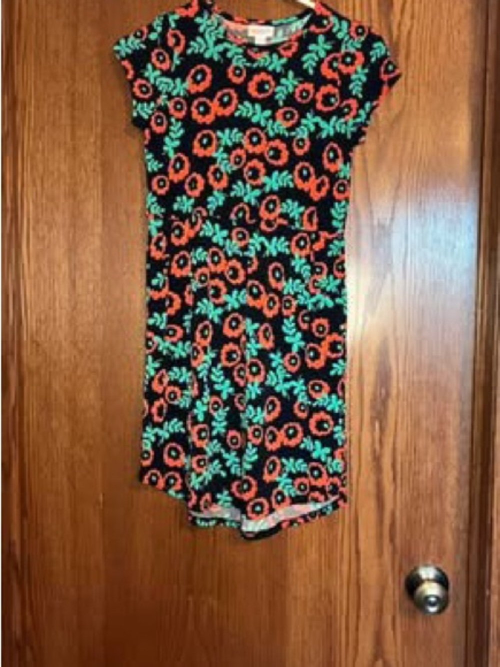 LuLaRoe Black Dress with Coral Floral and Teal Leaves - Kids